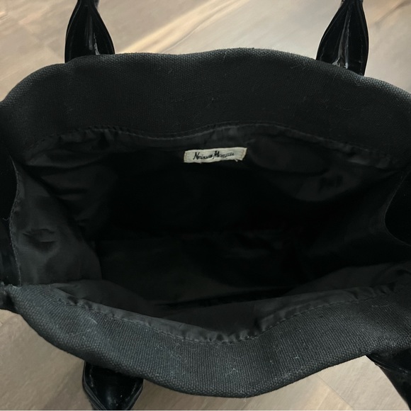 Vintage Neiman Marcus Black Canvas Patent Leather Double Handle Tote Bag - Picture 6 of 12